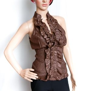 Arden B. Brown Ruffle Goth Halter Tank Blouse - S